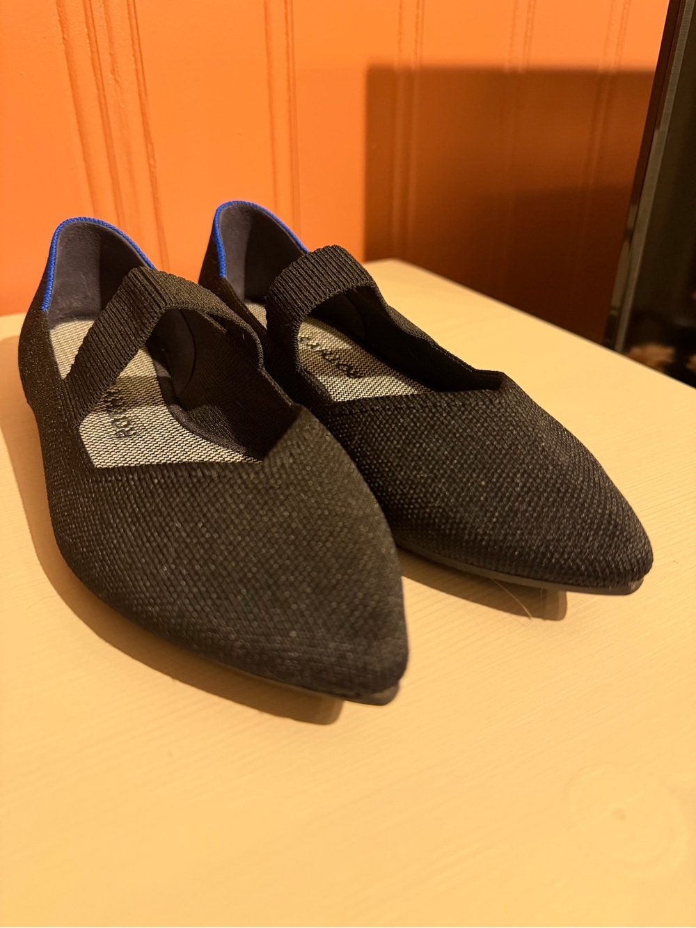 Rothy's Black Pointed Knit Flats with Elastic Strap and Blue Trim - Picture 2 of 4